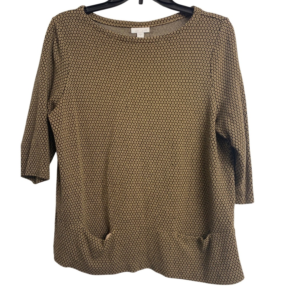 J. Jill Ponte Geometric Honeycomb Print Top Tan Black 3/4 Sleeve‎ Pockets Size M